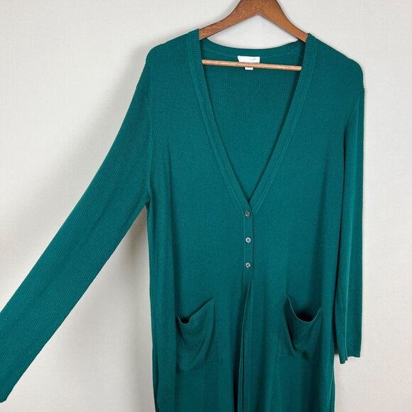 J. Jill Duster Cardigan Sweater Womens Petite Large Green V-Neck 3 Button Ribbed - Picture 6 of 13